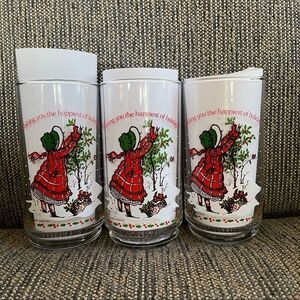 3 Vintage 1982 Holly Hobbie American Greetings Holiday Drinking Glasses Coca Col